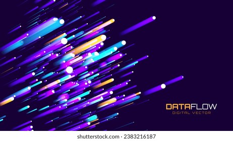 Digital Data Flow Vector Background. Big Data Technology Lines. 5G Wireless Data Transmission. High Speed of Light Trails. Information Flow in Virtual Reality Cyberspace. Vector Illustration.