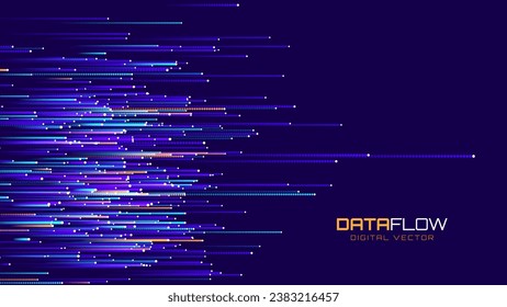 Digital Data Flow Vector Background. Big Data Technology Lines. 5G Wireless Data Transmission. High Speed of Light Trails. Information Flow in Virtual Reality Cyberspace. Vector Illustration.