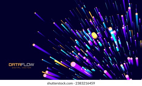 Digital Data Flow Vector Background. Big Data Technology Lines. 5G Wireless Data Transmission. High Speed of Light Trails. Information Flow in Virtual Reality Cyberspace. Vector Illustration.