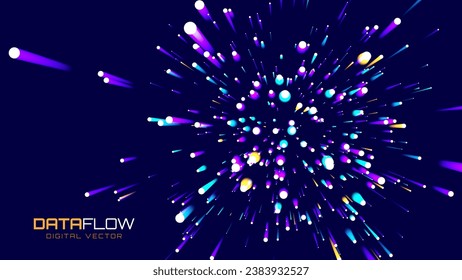 Digital Data Flow Vector Background. Big Data Technology Lines. 5G Wireless Data Transmission. High Speed of Light Trails. Information Flow in Virtual Reality Cyberspace. Vector Illustration.