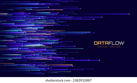 Digital Data Flow Vector Background. Big Data Technology Lines. 5G Wireless Data Transmission. High Speed of Light Trails. Information Flow in Virtual Reality Cyberspace. Vector Illustration.