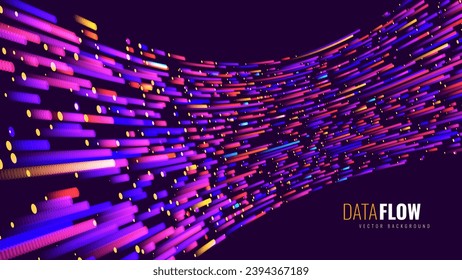 Digital Data Flow Vector Background. Big Data Technology Lines. 5G Wireless Data Transmission. High Speed Light Trails. Information Flow in Virtual Reality Cyberspace. Vector Illustration.