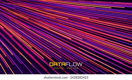Digital Data Flow Vector Background. Big Data Technology Lines. 5G Wireless Data Transmission. High Speed Light Trails. Information Flow in Virtual Reality Cyberspace. Vector Illustration.
