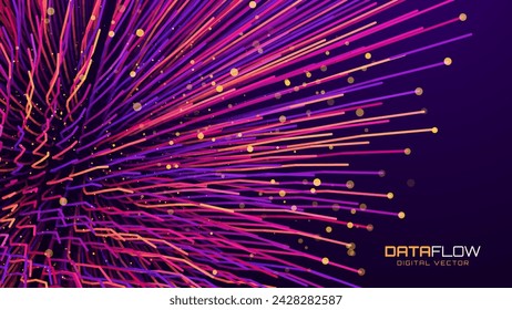 Digital Data Flow Vector Background. Big Data Technology Lines. 5G Wireless Data Transmission. High Speed Light Trails. Information Flow in Virtual Reality Cyberspace. Vector Illustration.