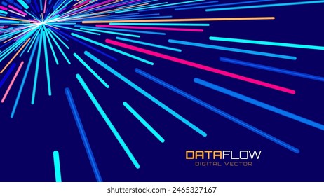 Hintergrund der Vektorgrafik des digitalen Datenflusses. Big Data-Technologie. 5G-Drahtlose Datenübertragung. Hohe Geschwindigkeit von leichten Trails. In: Information Flow in Virtual Reality Cyberspace. Vektorillustration.