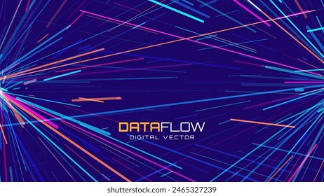 Digital Data Flow Vector Background. Big Data Technology Lines. 5G Wireless Data Transmission. High Speed of Light Trails. Information Flow in Virtual Reality Cyberspace. Vector Illustration.