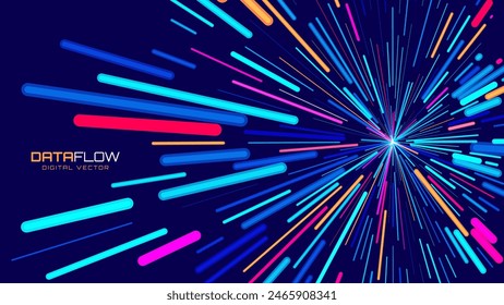 Digital Data Flow Vector Background. Big Data Technology Lines. 5G Wireless Data Transmission. High Speed of Light Trails. Information Flow in Virtual Reality Cyberspace. Vector Illustration.