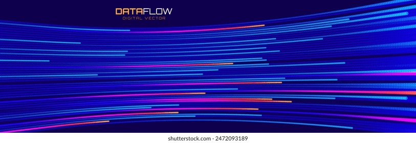 Digital Data Flow Vector Background. Big Data Technology Lines. 5G Wireless Data Transmission. High Speed of Light Trails. Information Flow in Virtual Reality Cyberspace. Vector Illustration.
