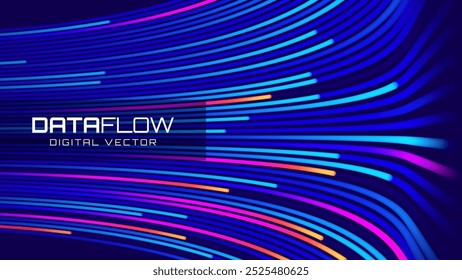 Digital Data Flow Vector Background. Big Data Technology Lines. 5G Wireless Data Transmission. High Speed of Light Trails. Information Flow in Virtual Reality Cyberspace. Vector Illustration.