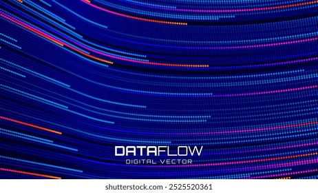 Digital Data Flow Vector Background. Big Data Technology Lines. 5G Wireless Data Transmission. High Speed of Light Trails. Information Flow in Virtual Reality Cyberspace. Vector Illustration.