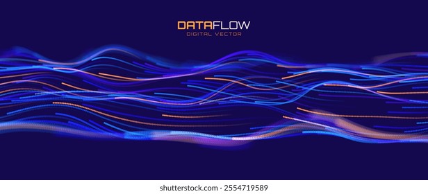 Digital Data Flow Vector Background. Big Data Technology Particles. Tech Business Backdrop. Dots Grid Waves Landscape. Information Flow in Virtual Reality Cyberspace. Vector Illustration.