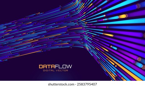 Digital Data Flow Vector Background. Big Data Technology Lines Fast Wireless Data Transmission. High Speed Light Trails. Information Flow in Virtual Reality Cyberspace. Vector Illustration.