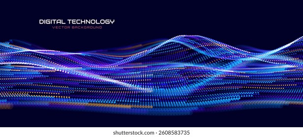 Digital Data Flow Vector Background. Big Data Technology Lines. 5G Wireless Data Transmission. High Speed Light Trails. Information Flow in Virtual Reality Cyberspace. Vector Illustration.
