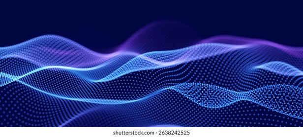 Digital Data Flow Vector Background. Big Data Technology Particles. Tech Business Backdrop. Dots Grid Waves Landscape. Information Flow in Virtual Reality Cyberspace. Vector Illustration.