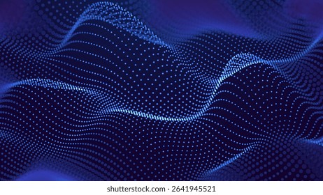 Digital Data Flow Vector Background. Big Data Technology Particles. Tech Business Backdrop. Dots Grid Waves Landscape. Information Flow in Virtual Reality Cyberspace. Vector Illustration.