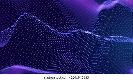 Digital Data Flow Vector Background. Big Data Technology Particles. Tech Business Backdrop. Dots Grid Waves Landscape. Information Flow in Virtual Reality Cyberspace. Vector Illustration.