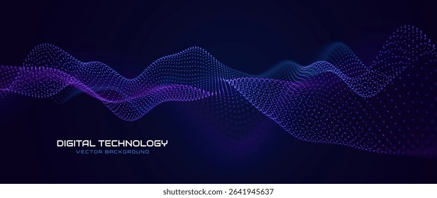Digital Data Flow Vector Background. Big Data Technology Particles. Tech Business Backdrop. Dots Grid Waves Landscape. Information Flow in Virtual Reality Cyberspace. Vector Illustration.