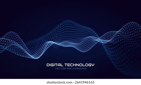Digital Data Flow Vector Background. Big Data Technology Particles. Tech Business Backdrop. Dots Grid Waves Landscape. Information Flow in Virtual Reality Cyberspace. Vector Illustration.