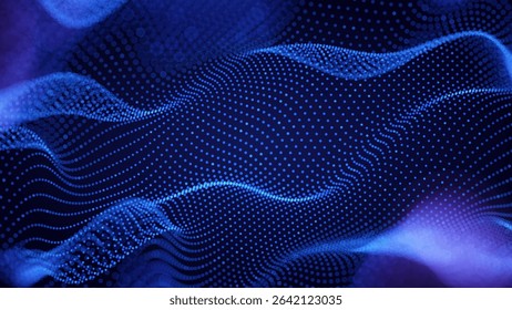 Digital Data Flow Vector Background. Big Data Technology Particles. Tech Business Backdrop. Dots Grid Waves Landscape. Information Flow in Virtual Reality Cyberspace. Vector Illustration.