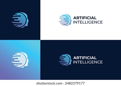 Datos digitales, diseño del logo del cerebro humano. Logo de inteligencia artificial