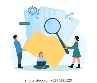 Digital data management vector illustration. Cartoon tiny people magnify stack of paper documents with magnifying glass, organize information and search files in folder, directory or archive database