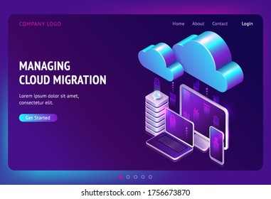 Digital Data Migration Isometric Landing Page, Cloud Computing, Media Server, Saas Service For Private Information And Files Storage, Gadgets Connected In Network System, Web Hosting 3d Vector Banner