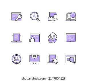 Digital data - modern line design style icons set with editable stroke. Password protected access, smartphone, laptop, cloud storage, blockchain, Internet search, programming, online technologies idea