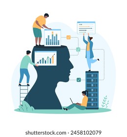 Digital data processing with AI. Tiny people work with virtual information in charts, system settings sliders in cyberspace, human head and cloud server connection cartoon vector illustration