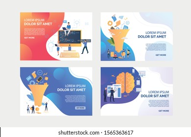 Digital data processing set. SEO experts filtering data, getting profit, programmers coding. Flat vector illustrations. Technology, marketing concept for banner, website design or landing web page