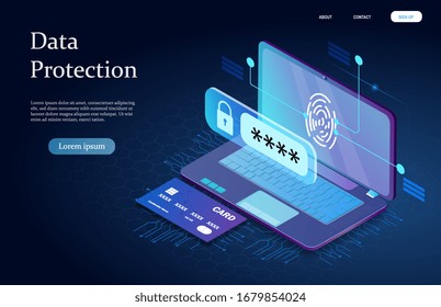 Digital and data protection concept with a credit card alongside an open laptop with security password projection and fingerprint on the screen over a circuit board, vector illustration