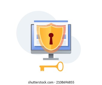 Digital data protection concept with golden shield lock and key vector illustration on white background