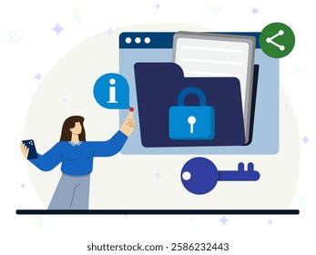 Digital data protection concept. A woman is calling for the security of digital folders and files through a big screen. Cyber security, phishing protection, database safe. 