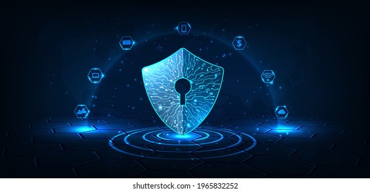 Digital Data Protection Concept.Security shield icon digital display over on dark blue background.Technology for online data access defense against hacker and virus.Internet security concept.