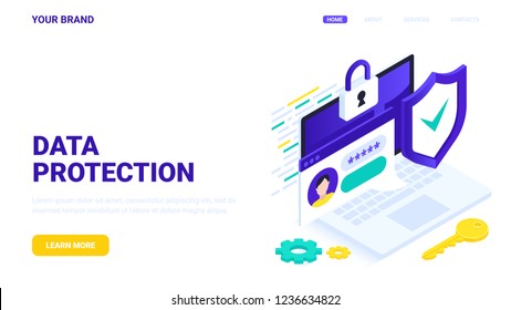 Digital data protection and personal information security concept. Flat vector isometric illustration. Laptop locked with user password. Personal information security: website template, banner, header