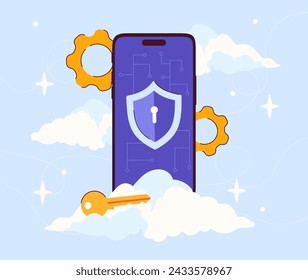 Digital data protection. Smartphone with golden key near shield. Safety and security from persona information. Authentication and authorization to cloud service. Cartoon flat vector illustraton