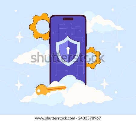 Digital data protection. Smartphone with golden key near shield. Safety and security from persona information. Authentication and authorization to cloud service. Cartoon flat vector illustraton