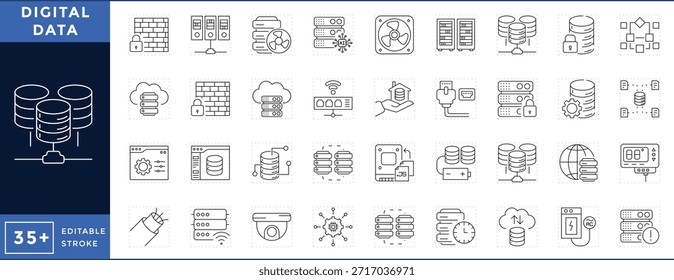 Digital Data related 36 line icons set. Vector editable stroke.