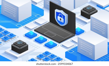 Digital Data Safeguard. Laptop with a security shield icon and digital connections, illustrating strong online data protection and cybersecurity for safe and private information handling.
