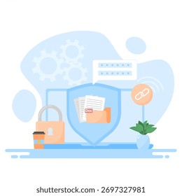 Digitales Datensicherheitsdesign mit Laptop- und Sicherheitssymbolen