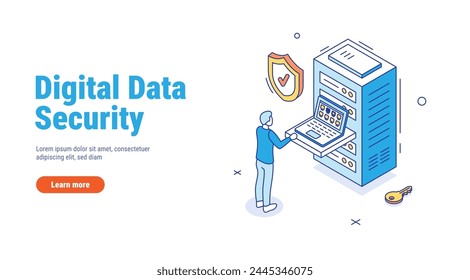 Digital data security outline concept. System administrator configures a secure connection. Using a server rack. Isometric vector illustration isolated on white background.