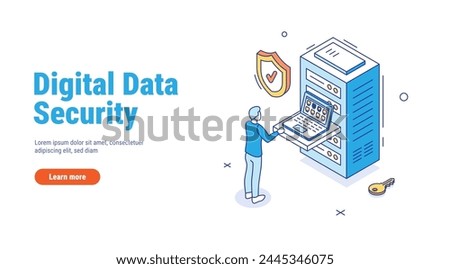 Digital data security outline concept. System administrator configures a secure connection. Using a server rack. Isometric vector illustration isolated on white background.