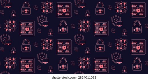digital data security pink icons on dark background showing shield padlock network connections and cybersecurity elements