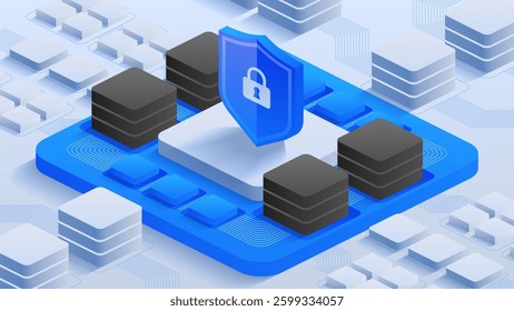 Digital Data Security. Shield and cloud icons with a lock, symbolizing robust cybersecurity and data encryption in cloud services. Perfect for illustrating secure online storage.