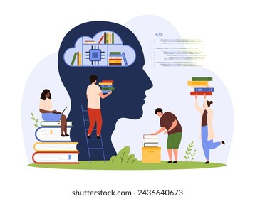 Digital data storage automation in cloud library with AI technology. Tiny people work with information inside artificial intelligence brain, study from stack of books cartoon vector illustration