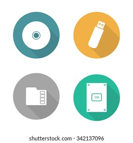 Digital data storage devices flat design icons set. Cd disc, pocket usb flash drive, memory sd card, external hdd. Long shadow logo concepts. Computer hardware equipment. Vector illustrations 