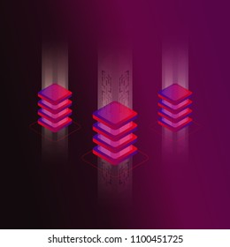 Digital data storage isometric 3d concept vector illustration. Server room rack, data center, data processing, remote system administration, digital tehnologies design for web banners and apps