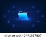 Digital data storage technology Document file icon linked to document sheet It represents digital document files stored on servers using high-speed internet that are secure and always available.
