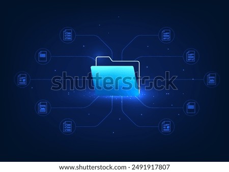 Digital data storage technology Document file icon linked to document sheet It represents digital document files stored on servers using high-speed internet that are secure and always available.