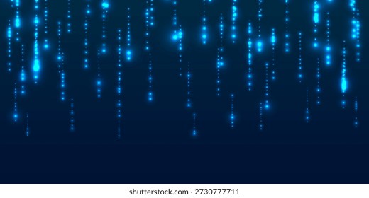 Fluxos de dados digitais cascam como chuva azul, criando um efeito de matriz brilhante com partículas brilhantes contra fundo tecnológico escuro para design de papel de parede moderno.