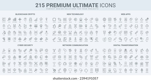 Digital data transform, new technology and engineering, blockchain thin black line icons set vector illustration. Outline symbols of decentralized information system and cloud access protection